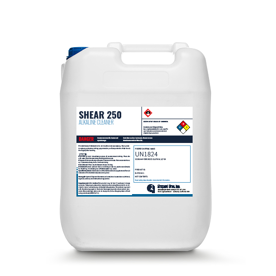 SHEAR 250 is a heavy duty liquid alkaline C.I.P. cleaner formulated for circulation, soak, and spray-cleaning of brewery and food processing equipment.