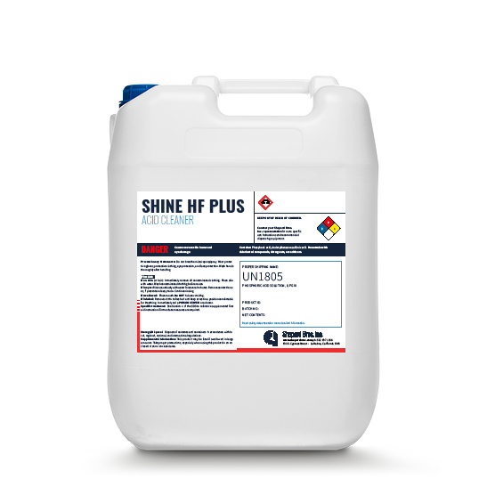 SHINE HF PLUS is a liquid, high foaming acid detergent formulated for the spray, soak, and foam cleaning of dairy and food processing equipment.